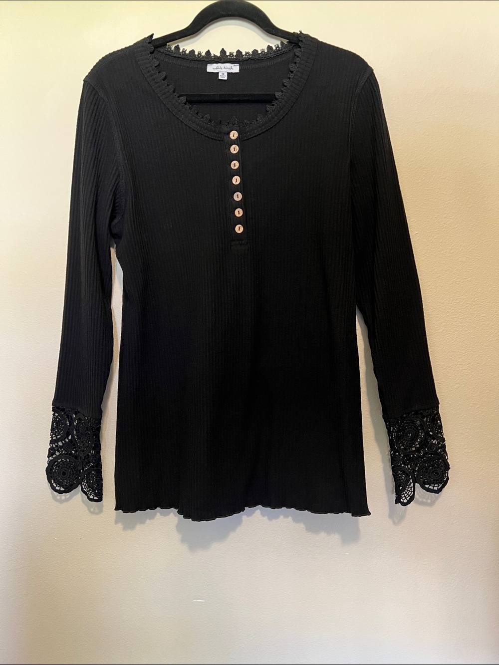 white birch Black Ribbed Henley with Lace Cuffs
